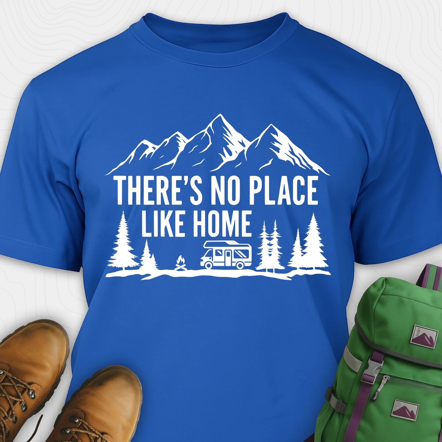 Blue theres no place like home shirt with camper and mountain graphic