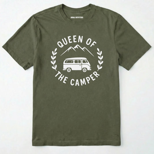 Military Green camper queen t-shirt with camper van and mountains graphic on a white background.