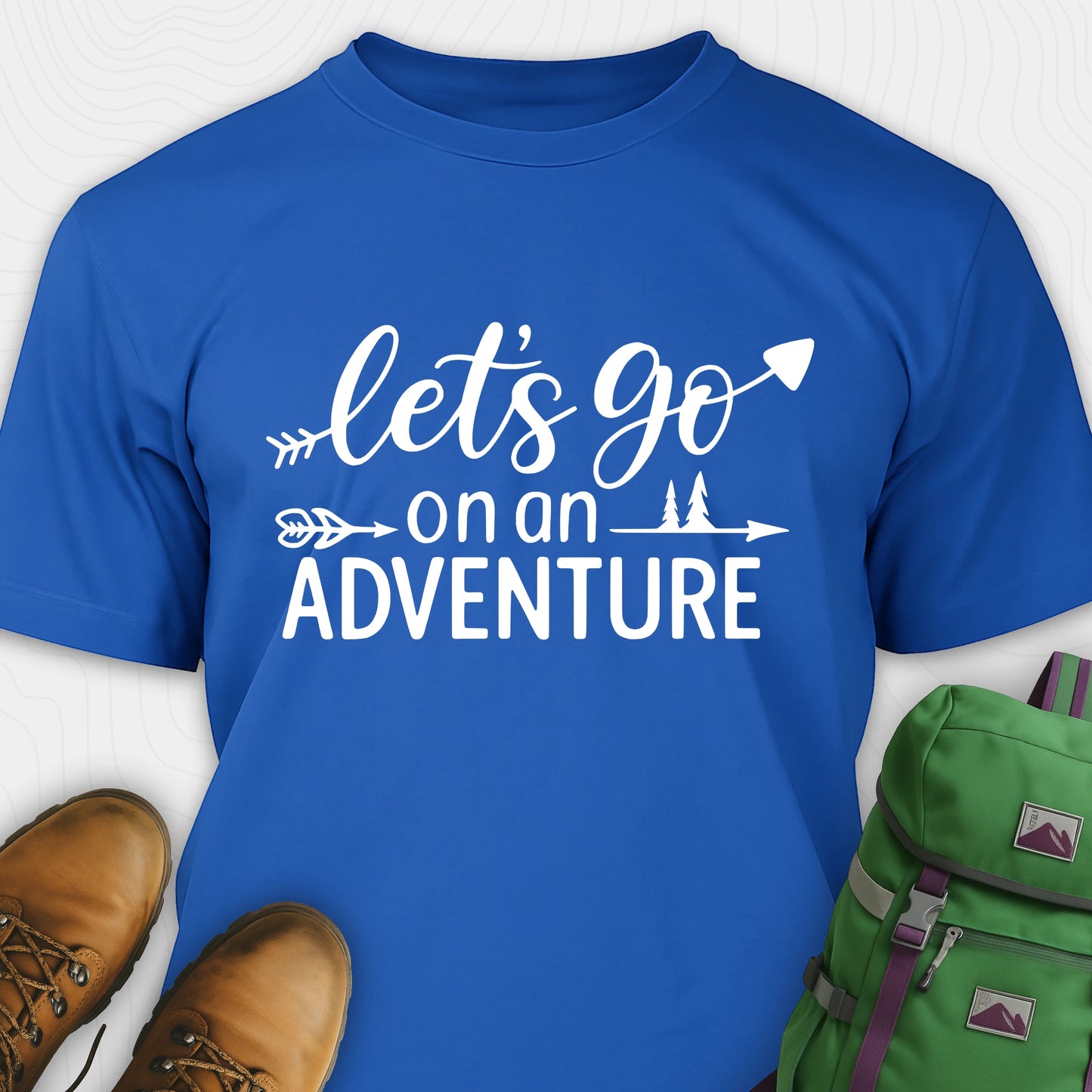 Blue lets go on an adventure shirt with arrow and trees graphic