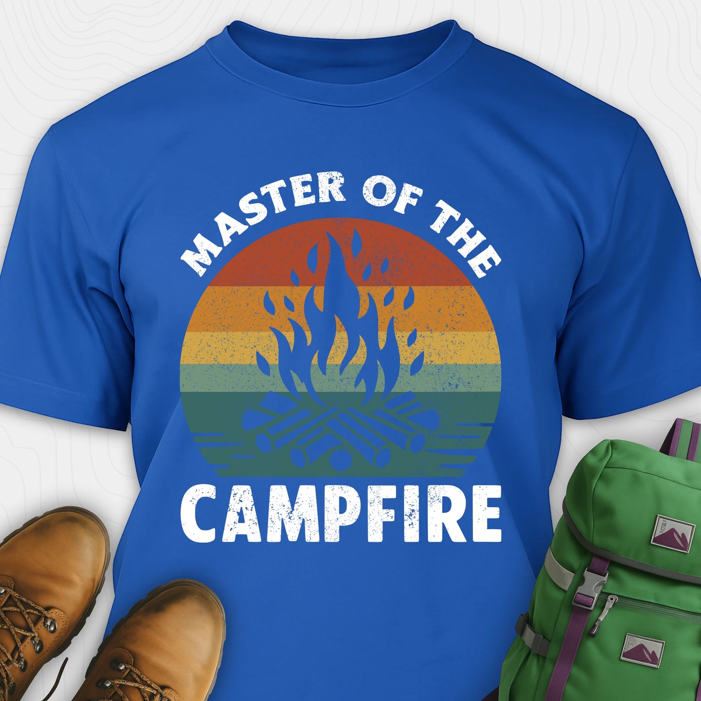 Blue master of the campfire t-shirt with retro sunset and flame graphic