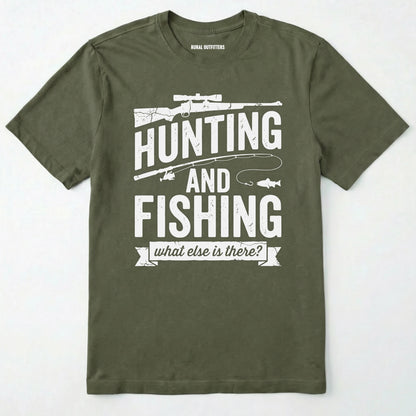 Military Green t-shirt with hunting and fishing graphic and text on a white background