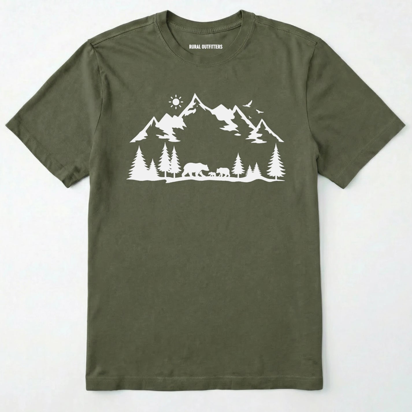 Military Green wildlife t-shirt with white mountain and bear design, on a plain white background.
