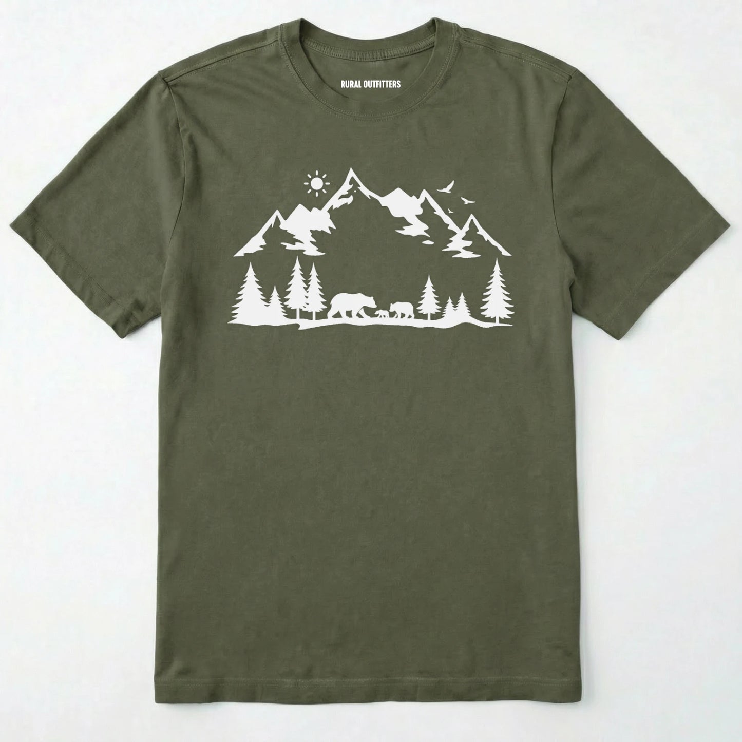 Military Green wildlife t-shirt with white mountain and bear design, on a plain white background.