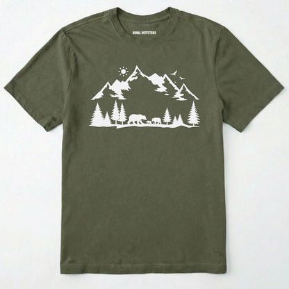 Military Green wildlife t-shirt with white mountain and bear design, on a plain white background.