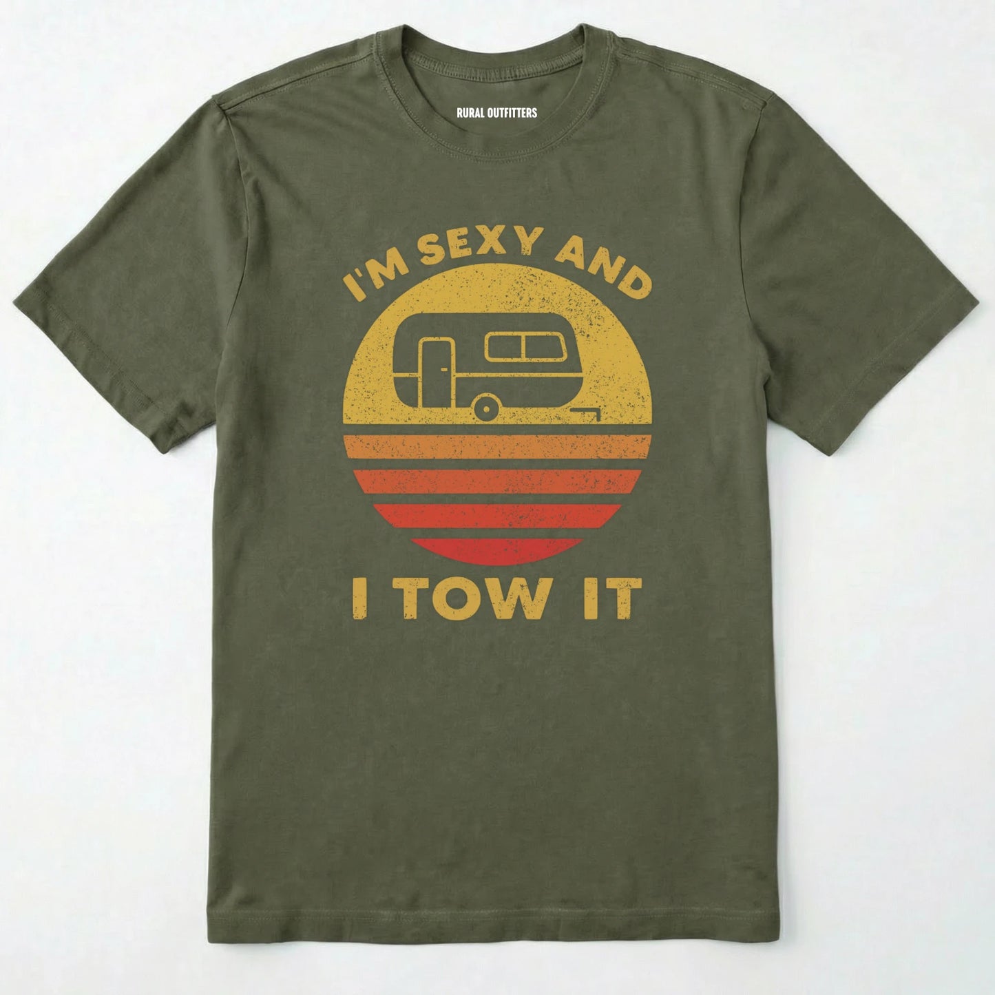 Military Green trailer shirt with retro camper and sunset graphic, and "i'm sexy and i tow it" text on a white background.