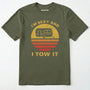 Military Green trailer shirt with retro camper and sunset graphic, and "i'm sexy and i tow it" text on a white background.