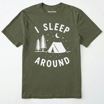 Military Green i sleep around camping shirt with tent, pine trees, moon and stars design on a white background.
