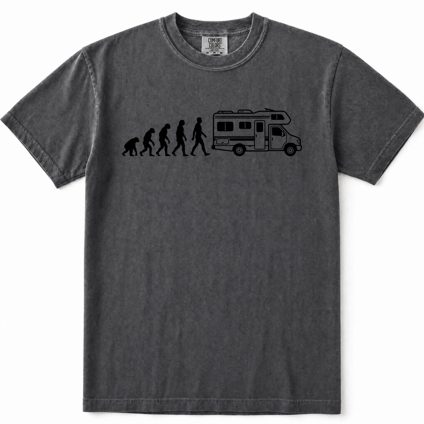 Pepper t-shirt featuring a black graphic print of the evolution of man leading up to a person walking alongside an RV. The shirt is displayed flat against a clean white background.