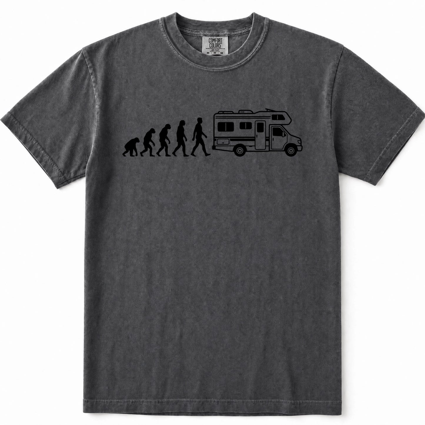 Pepper t-shirt featuring a black graphic print of the evolution of man leading up to a person walking alongside an RV. The shirt is displayed flat against a clean white background.
