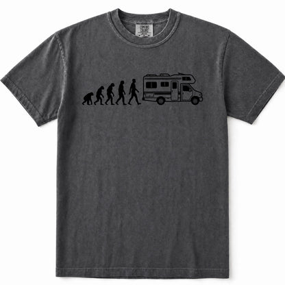 Pepper t-shirt featuring a black graphic print of the evolution of man leading up to a person walking alongside an RV. The shirt is displayed flat against a clean white background.