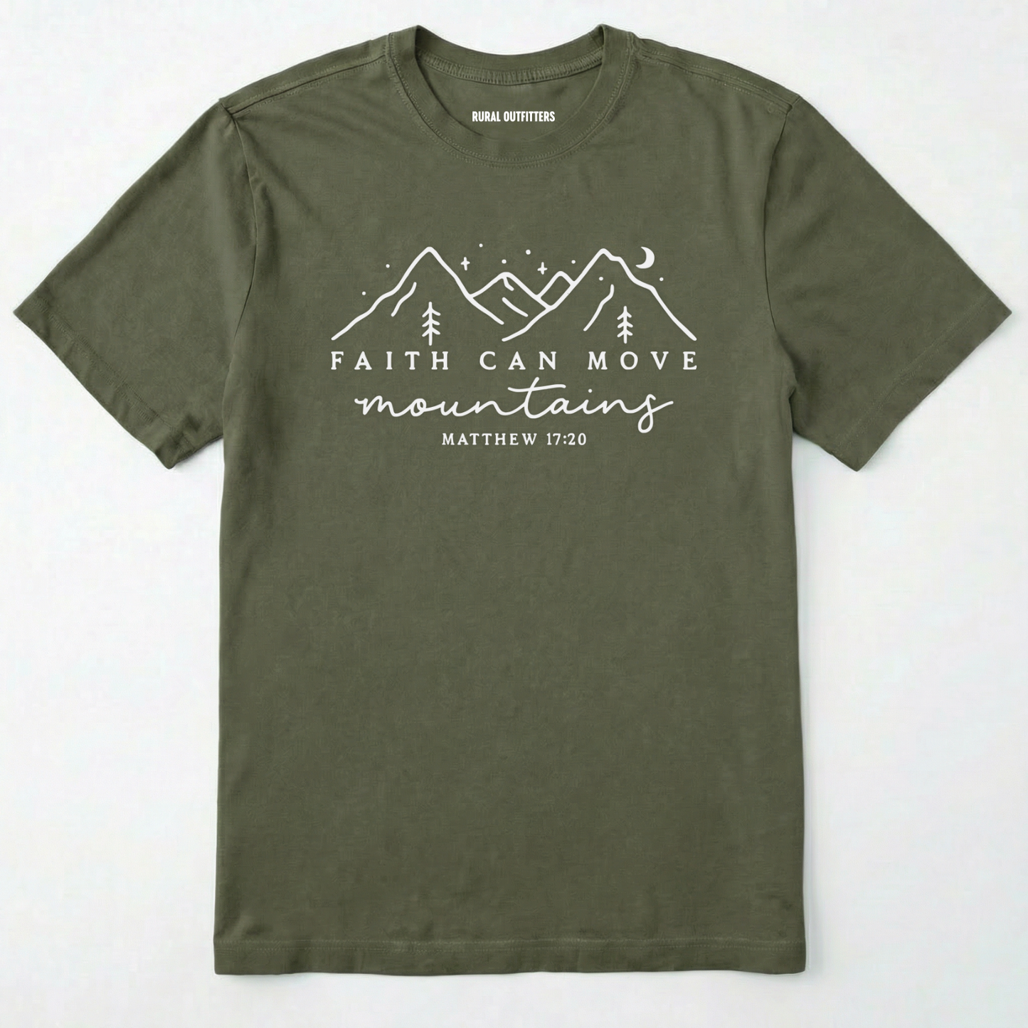 Military Green faith can move mountains shirt with mountain scripture design on a white background.