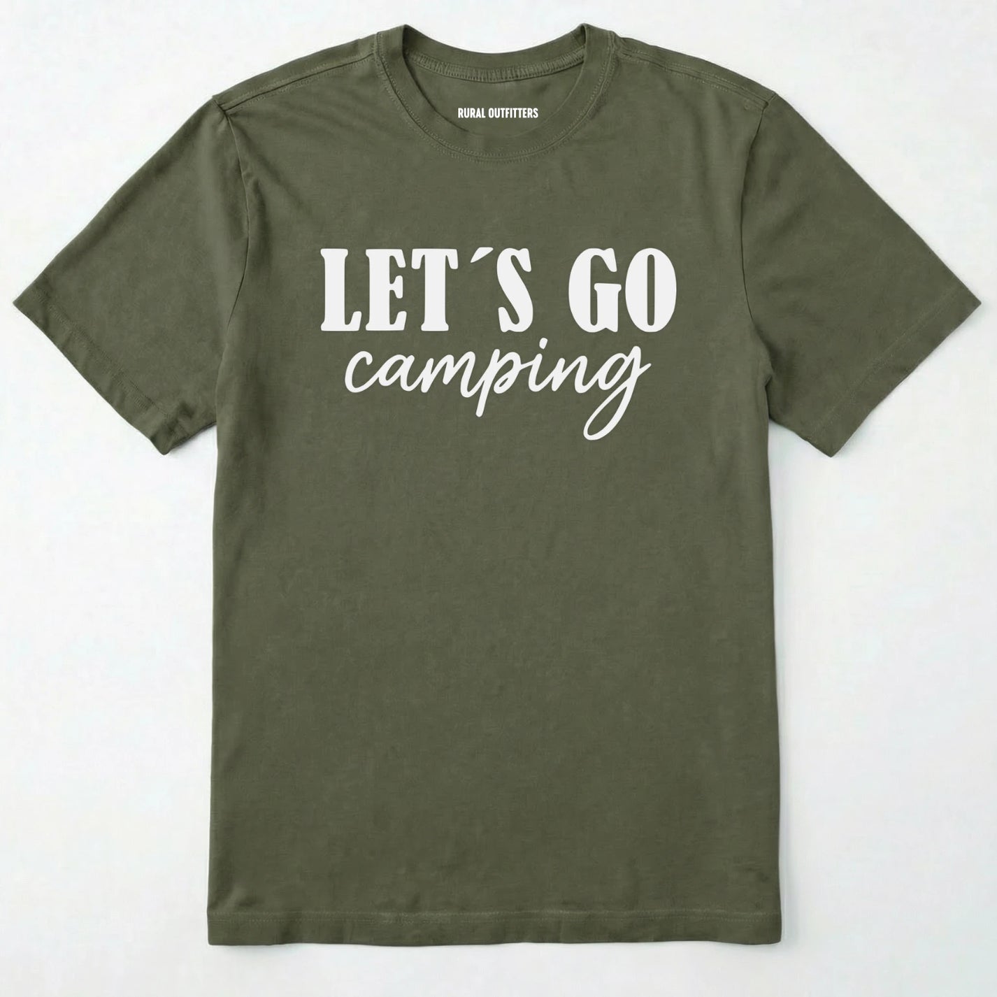 Military Green lets go camping shirt with simple adventure typography on a light grey background.