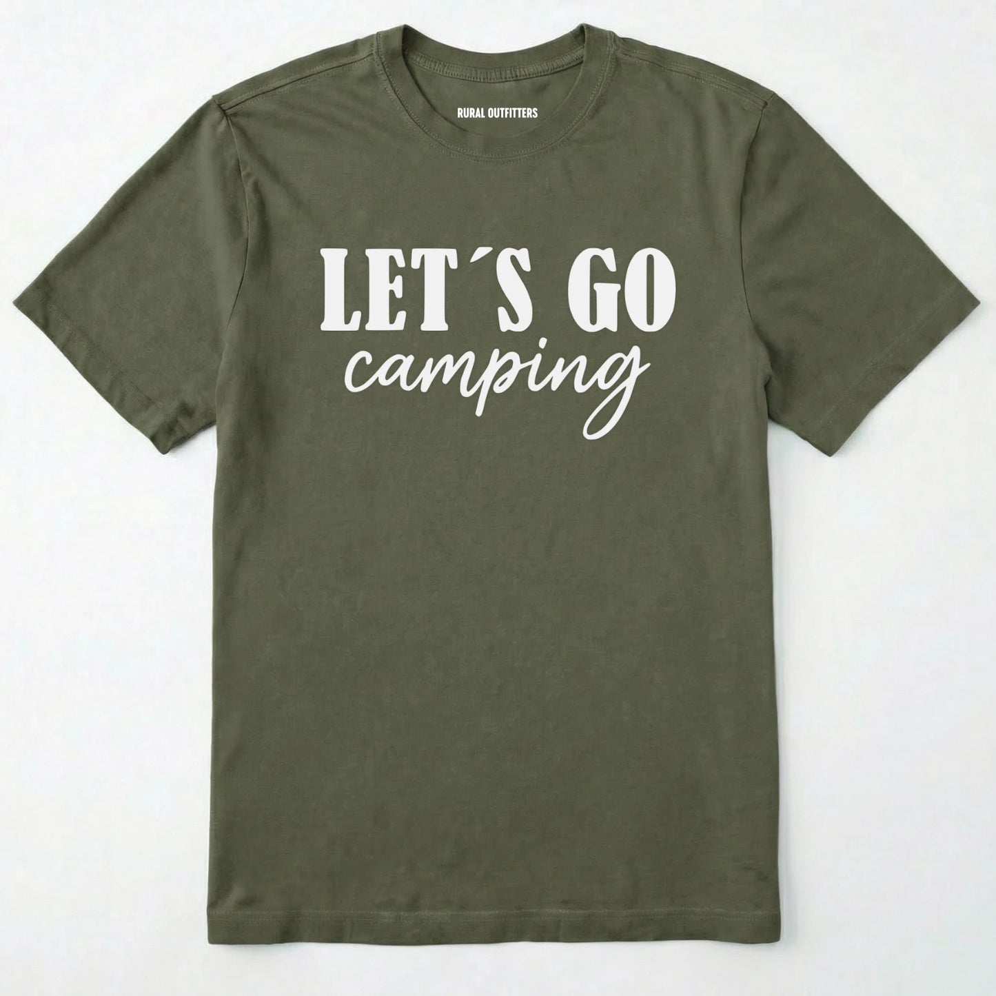 Military Green lets go camping shirt with simple adventure typography on a light grey background.