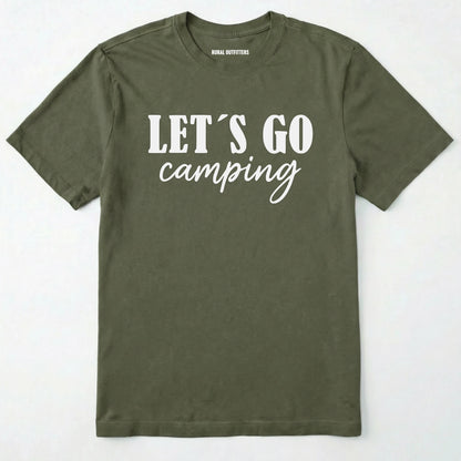 Military Green lets go camping shirt with simple adventure typography on a light grey background.