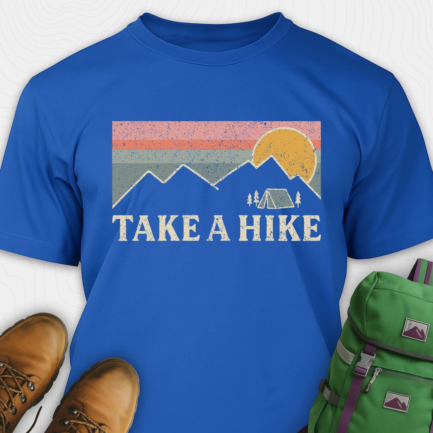 Blue take a hike shirt with retro sunset and mountain graphic
