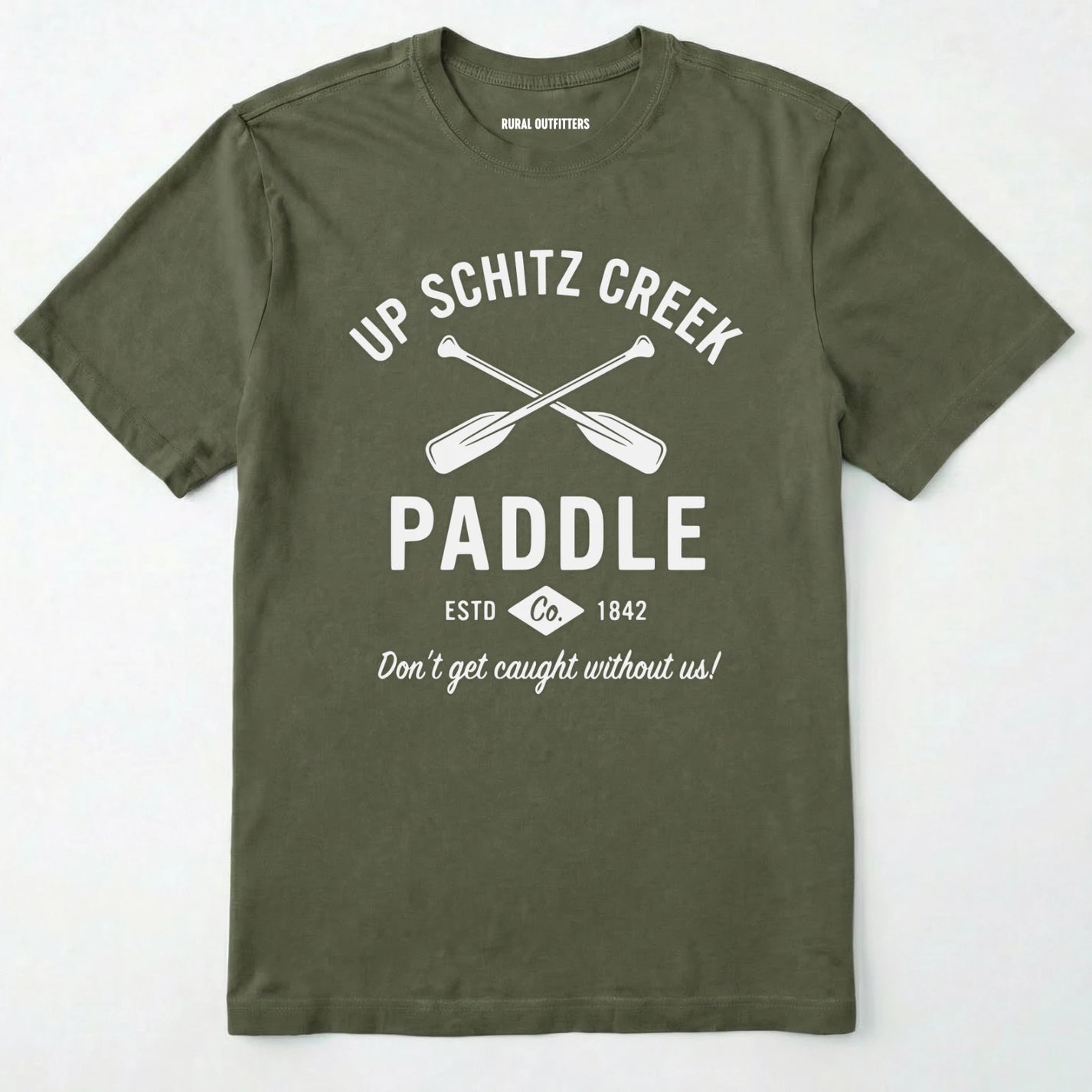Military Green t-shirt with white text and oar graphics on a white background