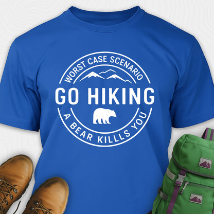 Blue funny hiking shirt with circular go hiking graphic and bear illustration