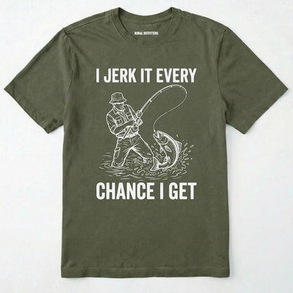 Military Green t-shirt with fishing graphic and text on a white background