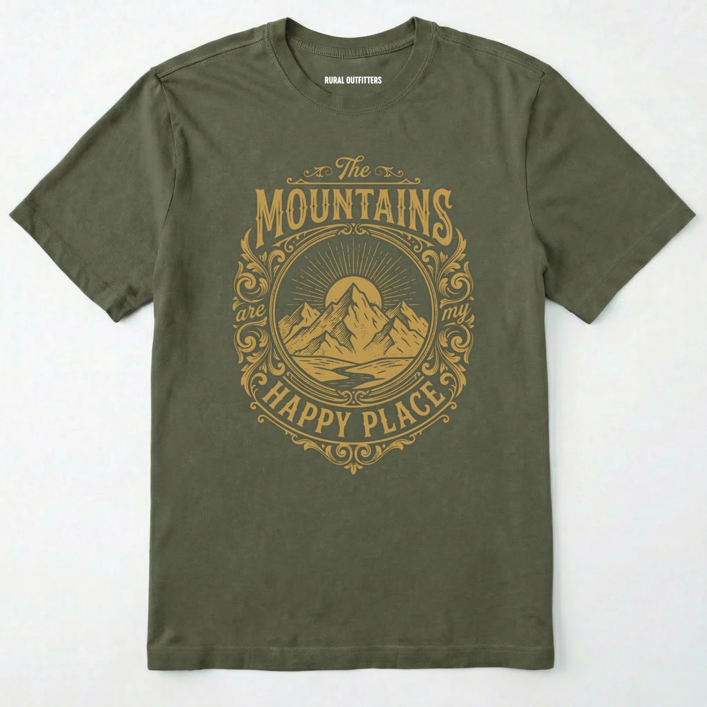 Military Green t-shirt with mountain graphic and text on a white background