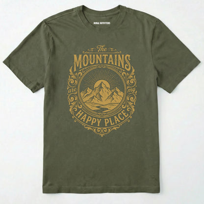 Military Green t-shirt with mountain graphic and text on a white background