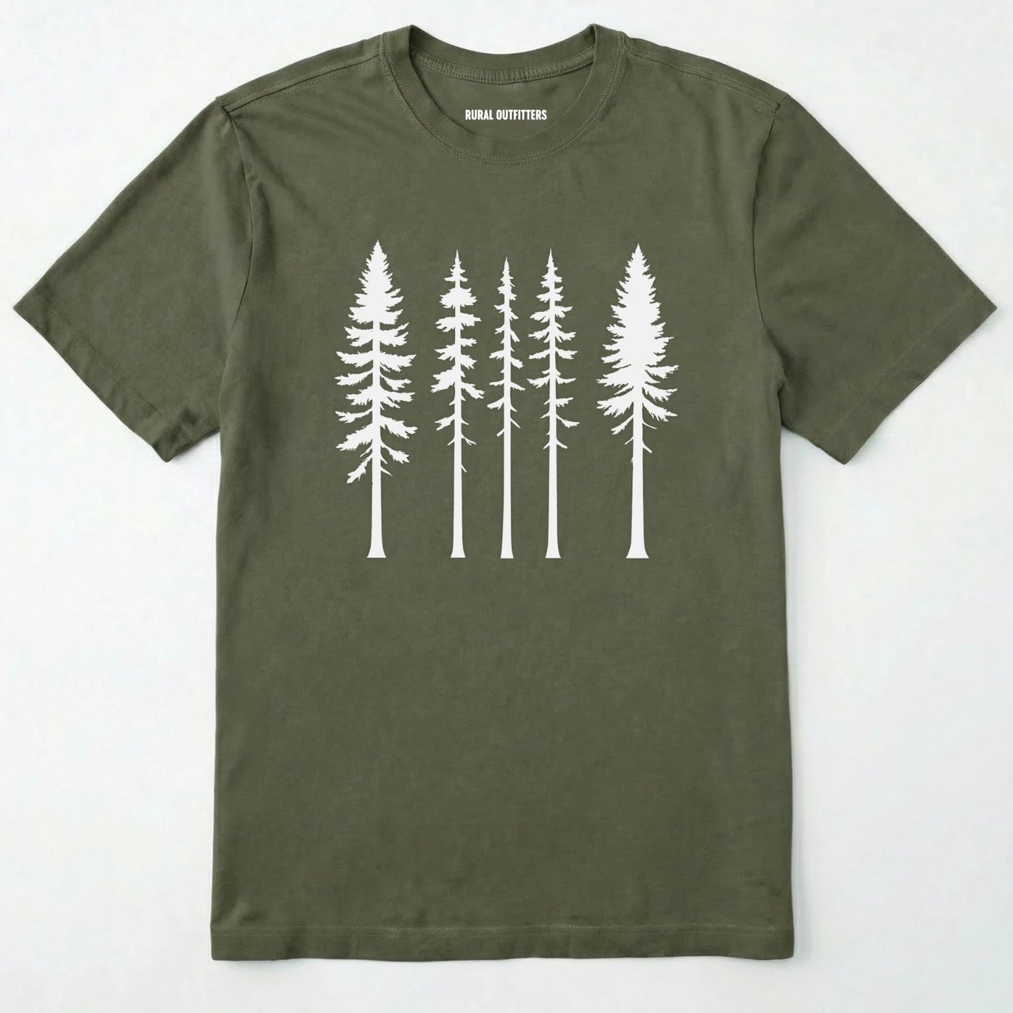 Military Green pine t-shirt with minimalist white tree silhouettes on a white background.