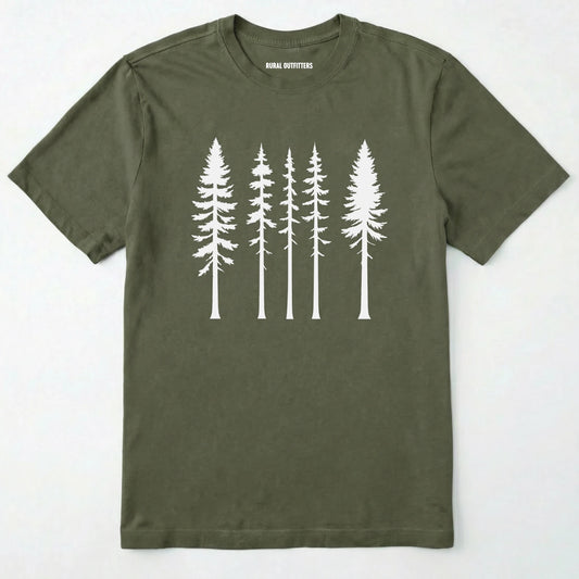 Military Green pine t-shirt with minimalist white tree silhouettes on a white background.