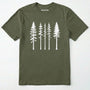 Military Green pine t-shirt with minimalist white tree silhouettes on a white background.