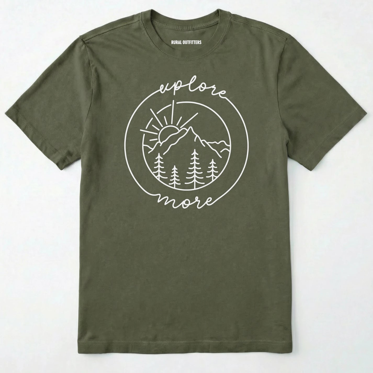 Military Green explorer shirt with 'explore more' text and mountain graphic design on a white background