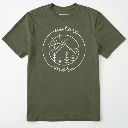 Military Green explorer shirt with 'explore more' text and mountain graphic design on a white background