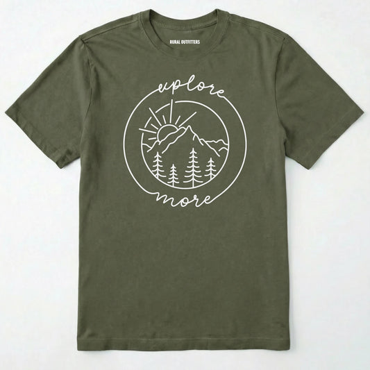 Military Green explorer shirt with 'explore more' text and mountain graphic design on a white background