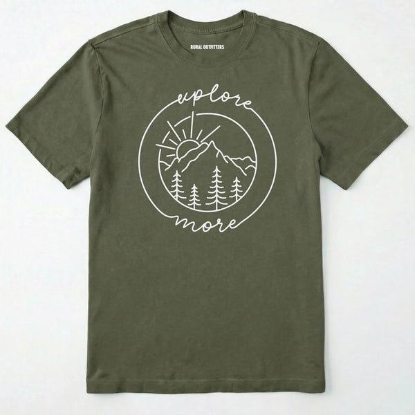 Military Green explorer shirt with 'explore more' text and mountain graphic design on a white background