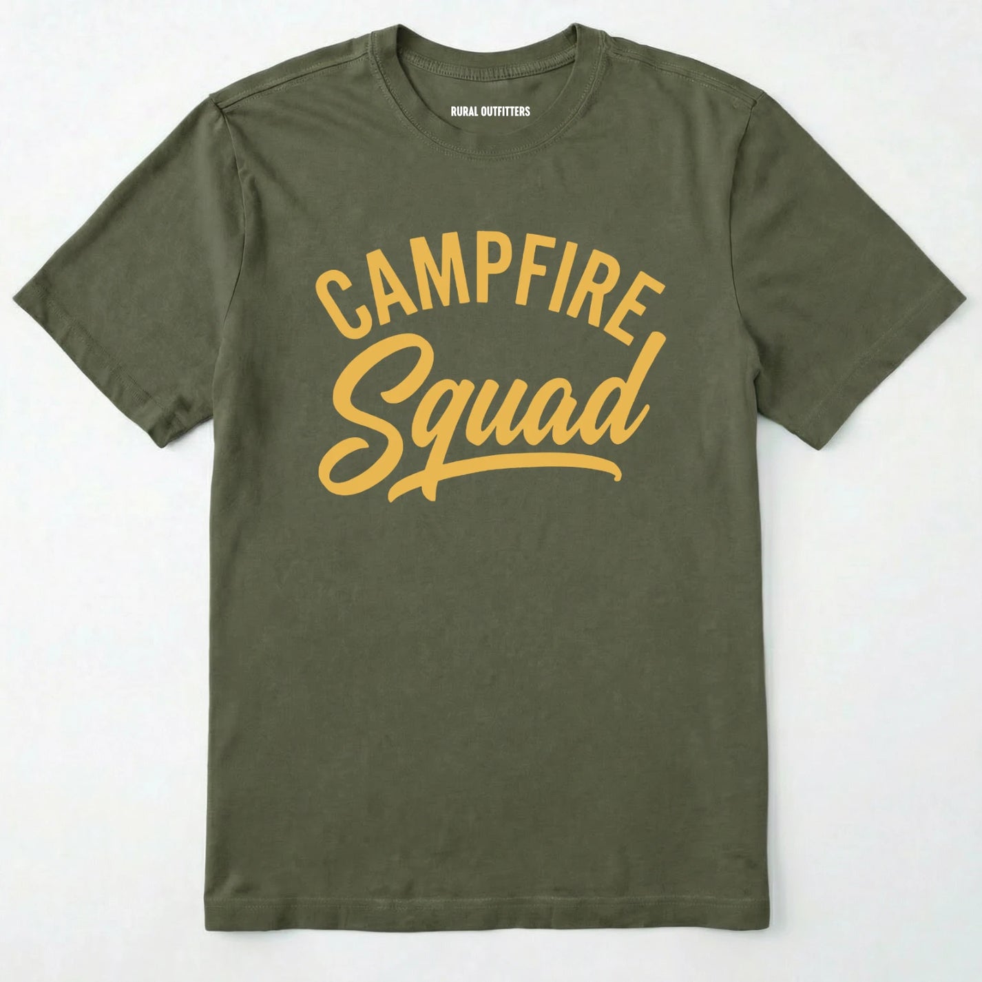 Military Green t-shirt with 'campfire squad' text on a white background