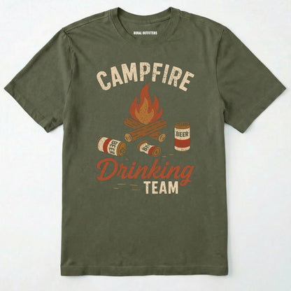 Military Green campfire drinking team t-shirt with beer cans and campfire graphic on a white background.