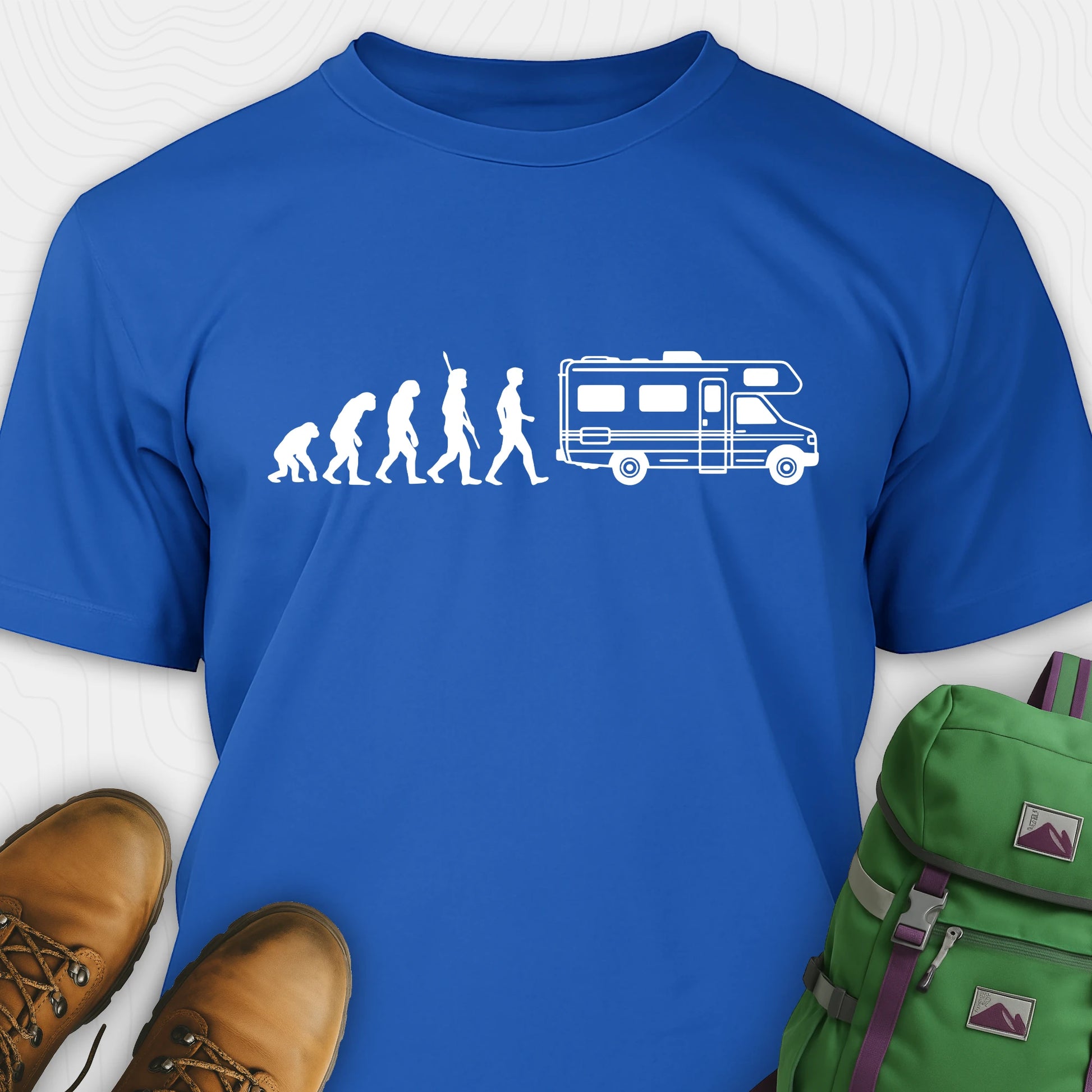 Blue evolution shirt featuring human to rv silhouette graphic