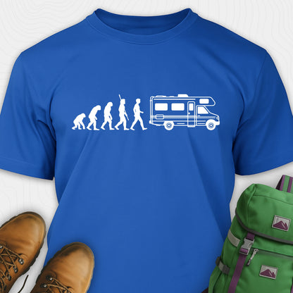 Blue evolution shirt featuring human to rv silhouette graphic