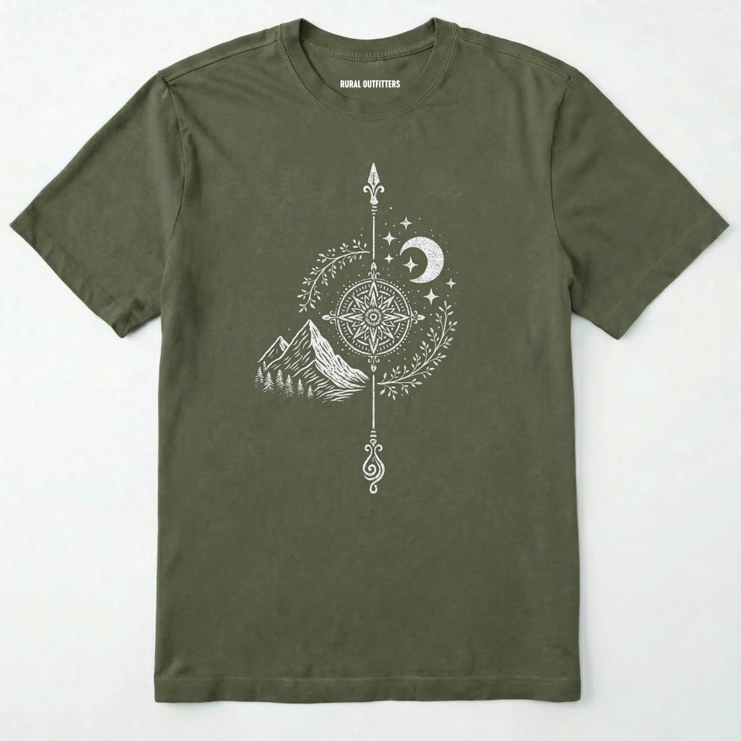 Military Green women's hiking shirt with a white graphic design of a compass, moon, and mountains on a white background.