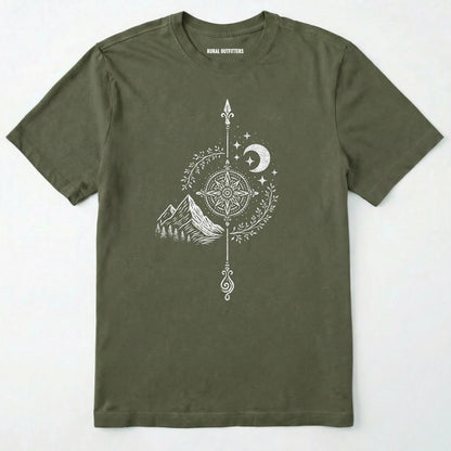 Military Green women's hiking shirt with a white graphic design of a compass, moon, and mountains on a white background.