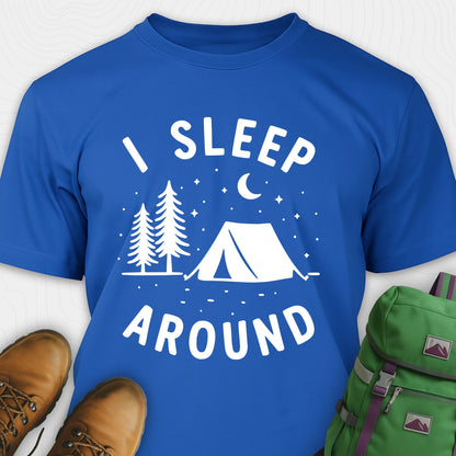 Blue I sleep around camping shirt with tent, pine trees, moon and stars design