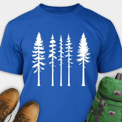Blue t-shirt with minimalist white tree silhouettes