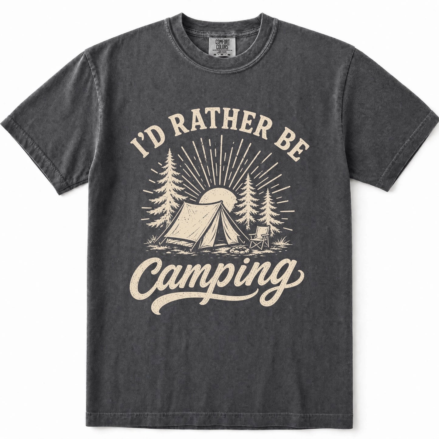 Pepper t-shirt with a cream-colored graphic that reads 'I'D RATHER BE Camping' with an illustration of a tent, trees, and a sun.
