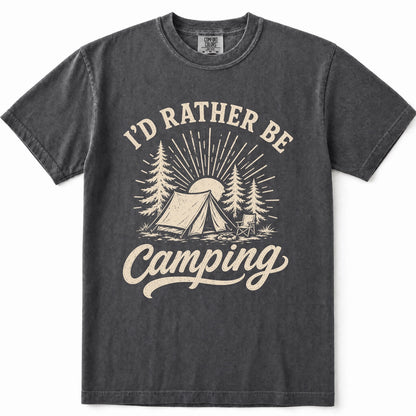 Pepper t-shirt with a cream-colored graphic that reads 'I'D RATHER BE Camping' with an illustration of a tent, trees, and a sun.
