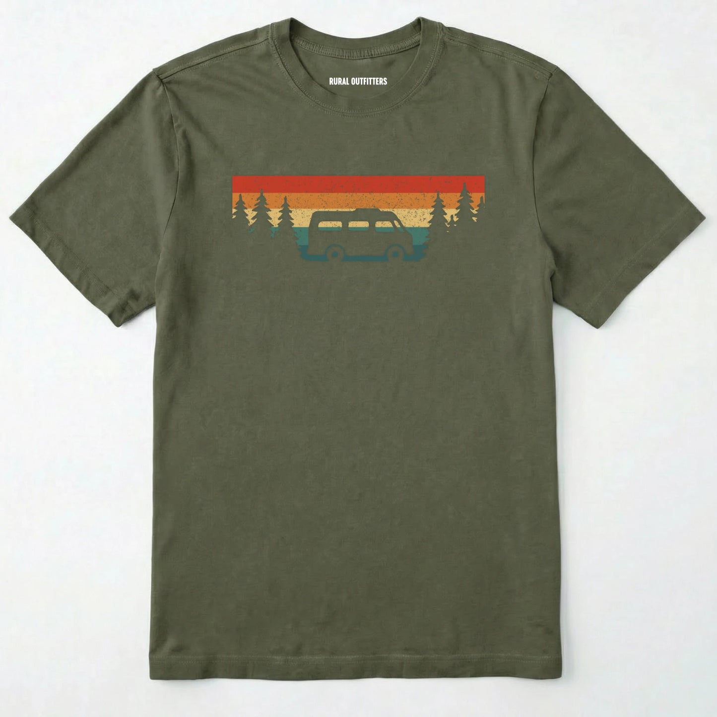 Military Green retro camp shirt featuring forest silhouette and van design on a white background
