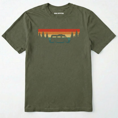 Military Green retro camp shirt featuring forest silhouette and van design on a white background