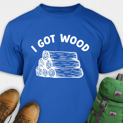 Blue I got wood shirt with stacked firewood graphic