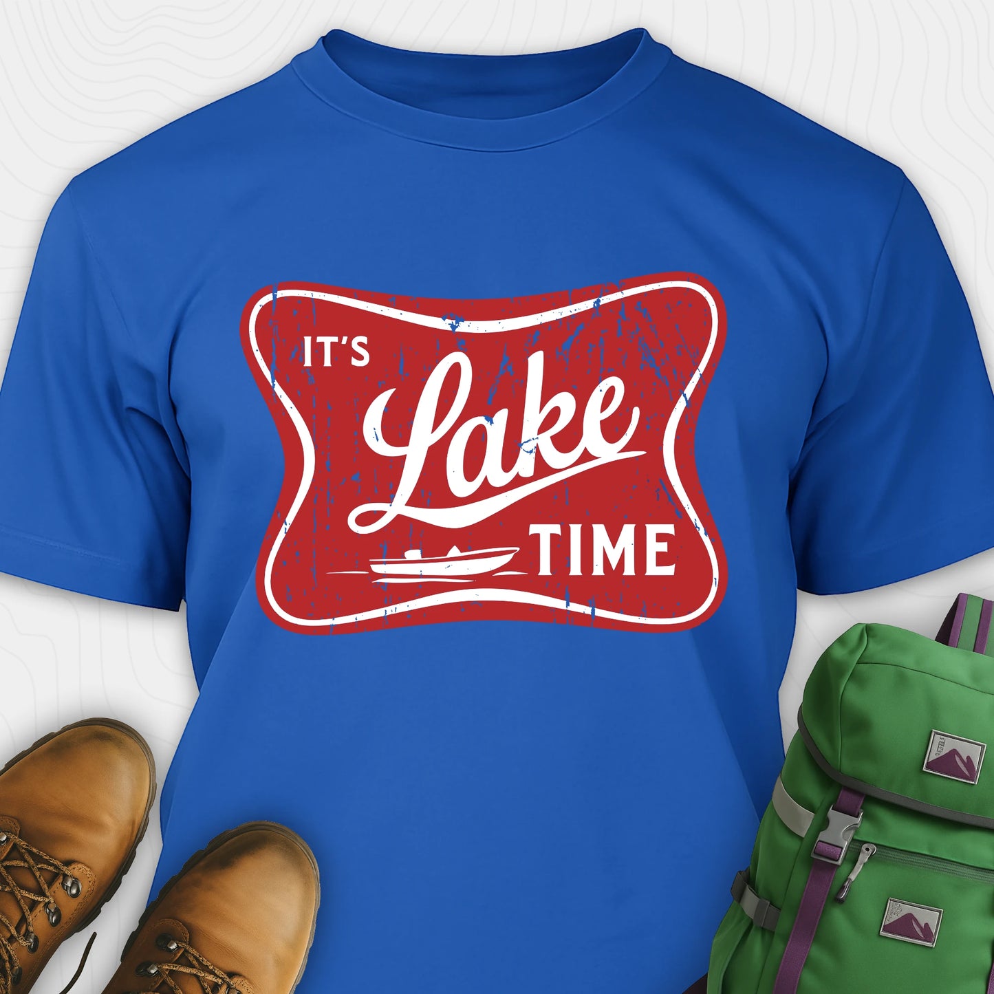 Blue lake t-shirt with retro “It’s Lake Time” graphic, featuring a red vintage lake badge design