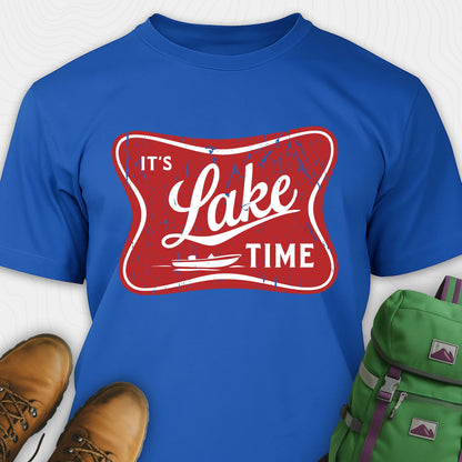 Blue lake t-shirt with retro “It’s Lake Time” graphic, featuring a red vintage lake badge design