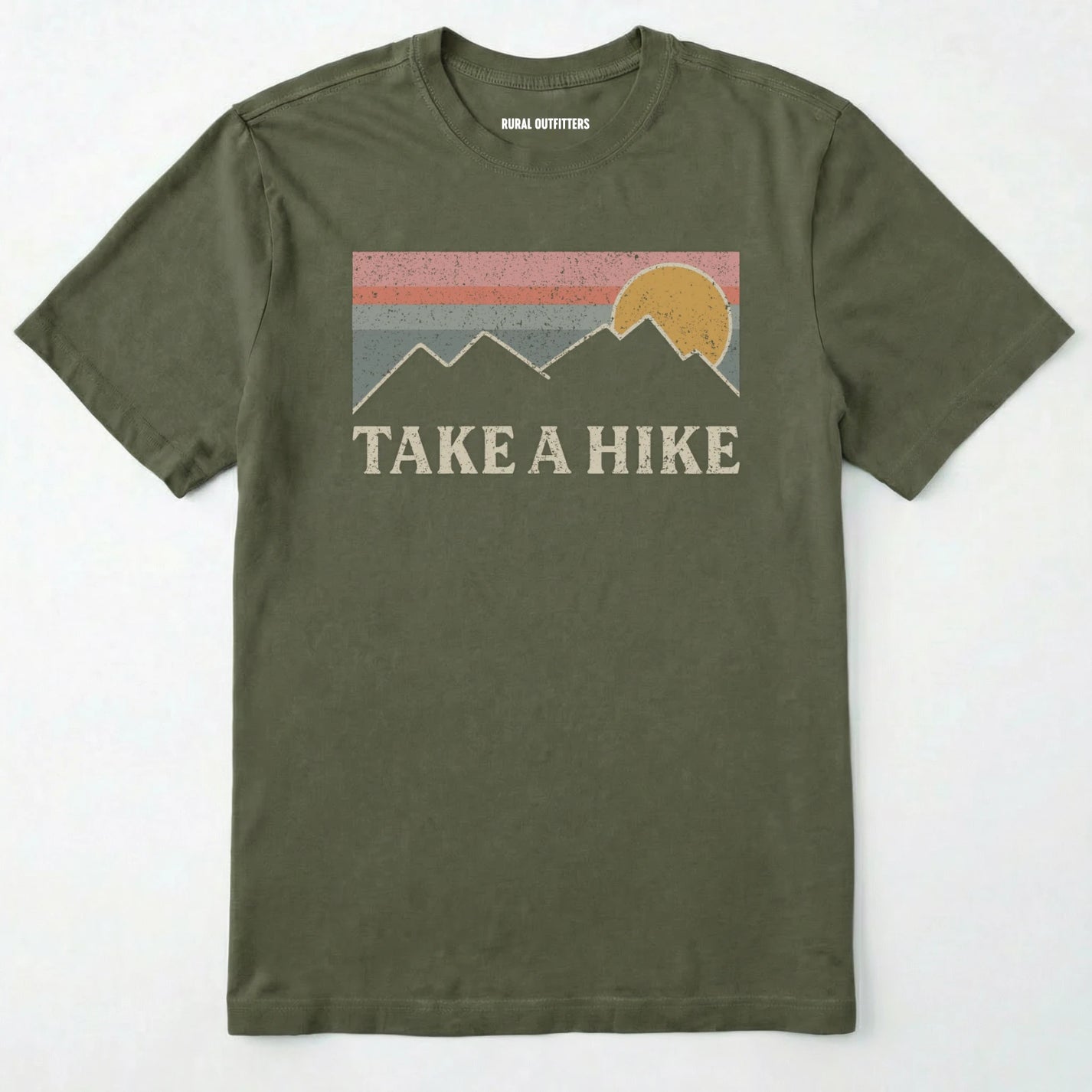 Military Green take a hike shirt with retro sunset and mountain graphic on a white background.