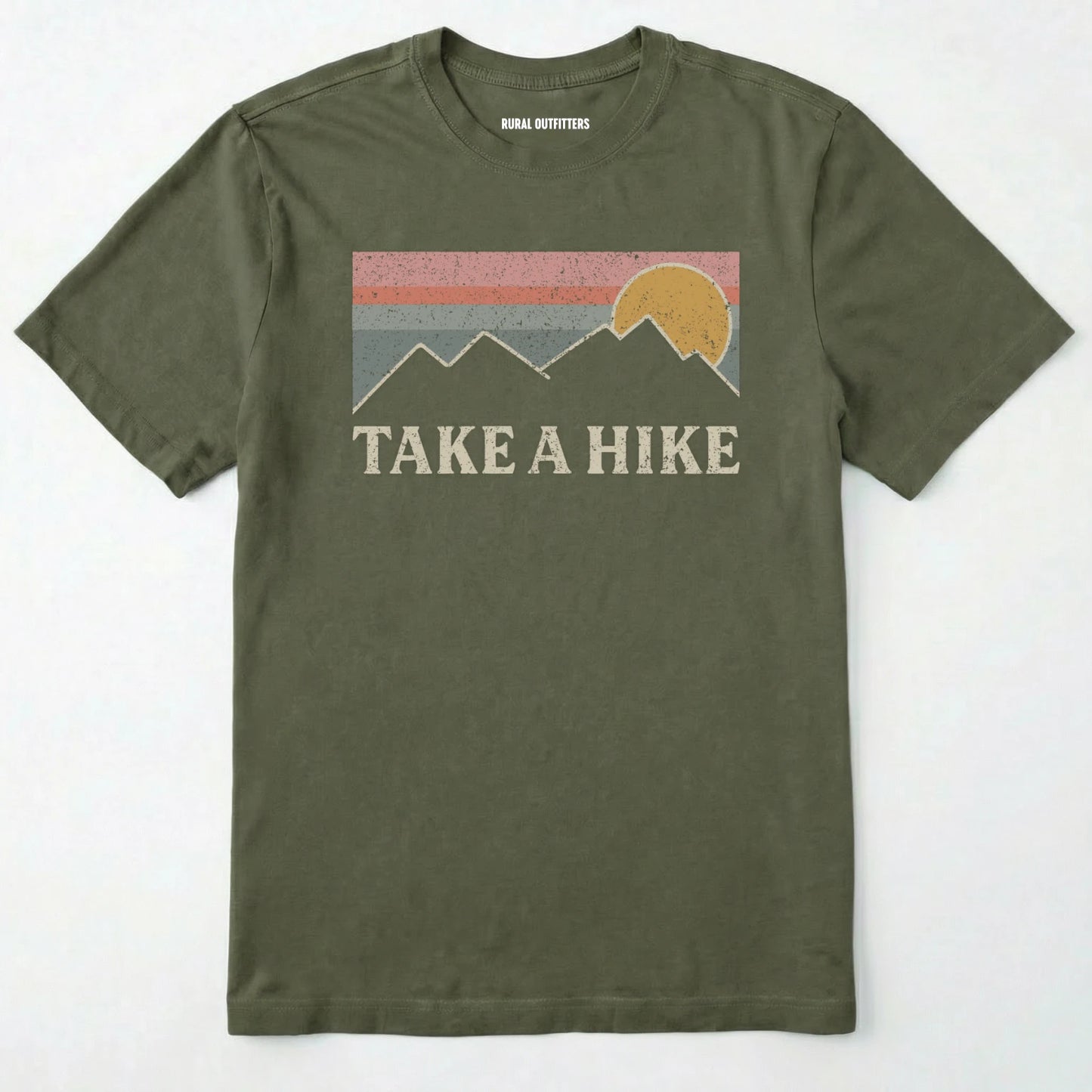 Military Green take a hike shirt with retro sunset and mountain graphic on a white background.