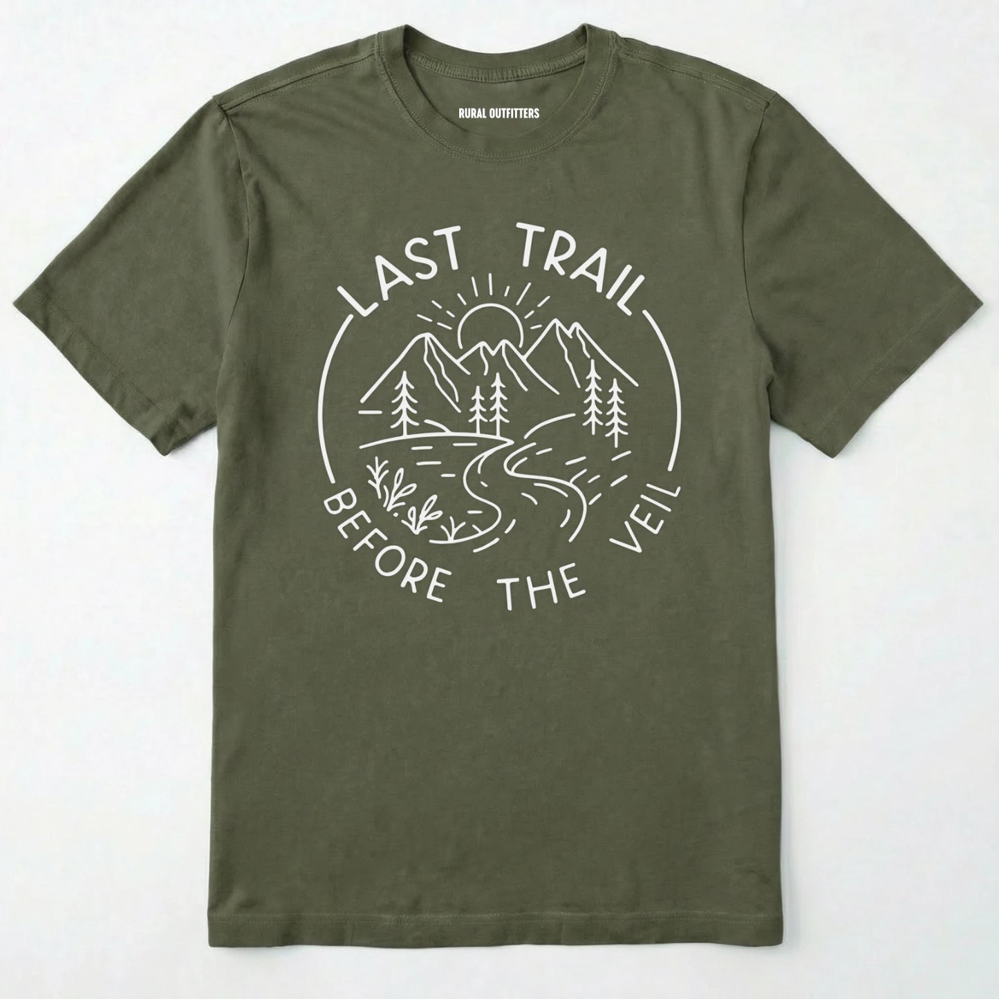 Military Green nature-themed last trail before the veil shirt with line-art mountain scene on a white background.