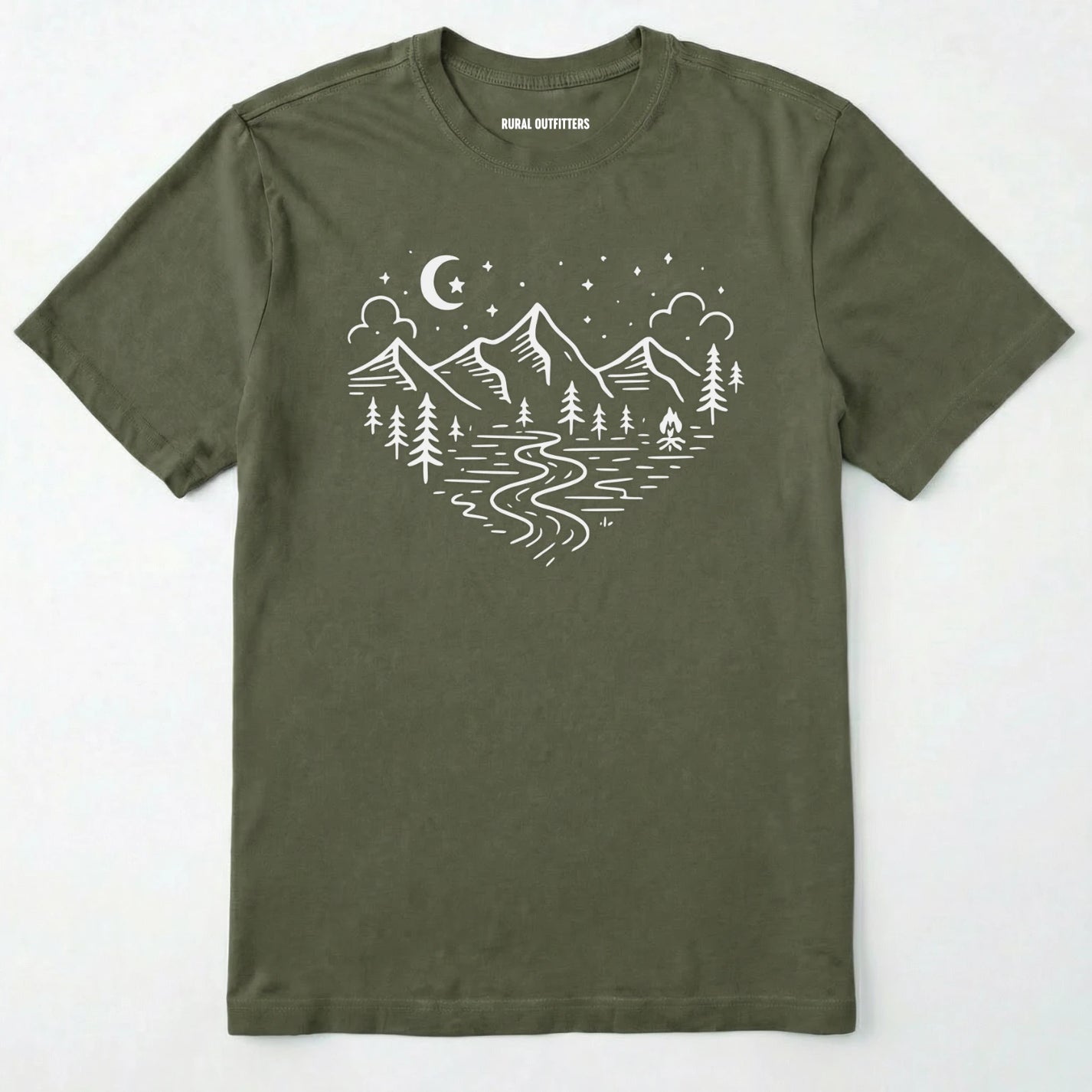 Military Green love nature t-shirt with mountain and forest heart graphic on a white background.